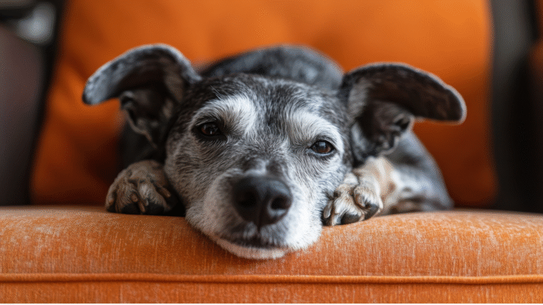 Senior dog resting on an orange chair – gentle care and slowing down for aging dogs