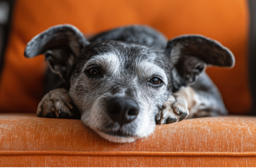 Senior dog resting on an orange chair – gentle care and slowing down for aging dogs